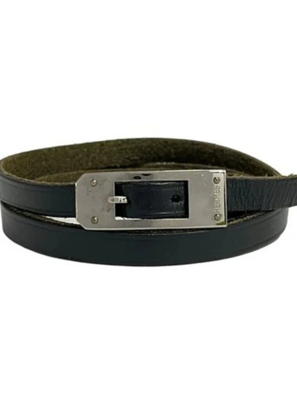 HERMES Kelly Aldion Black Silver Leather Hardware Square H Bracelet